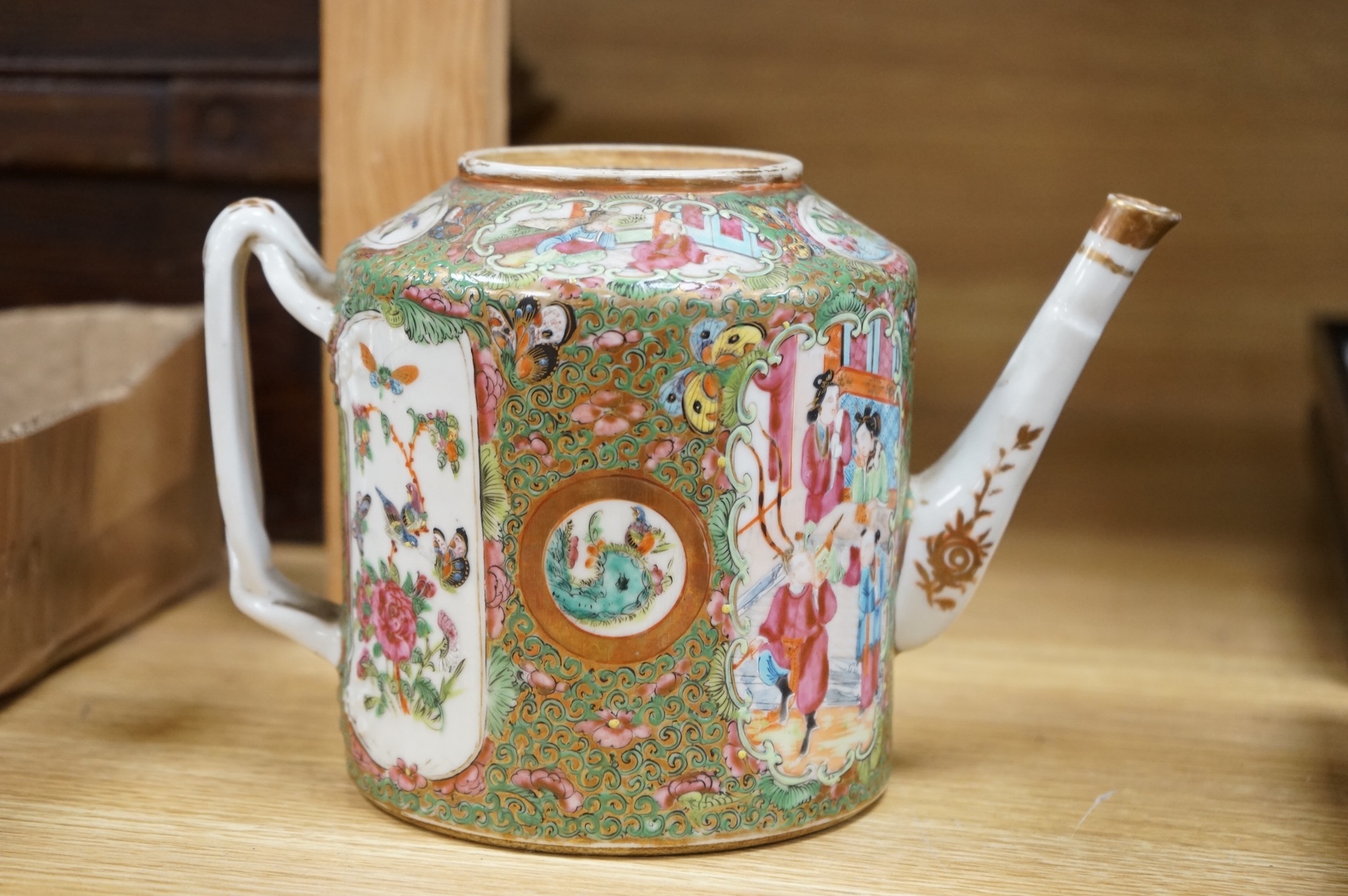 Three 19th century Chinese famille rose teapots, lacking covers largest 21cm wide